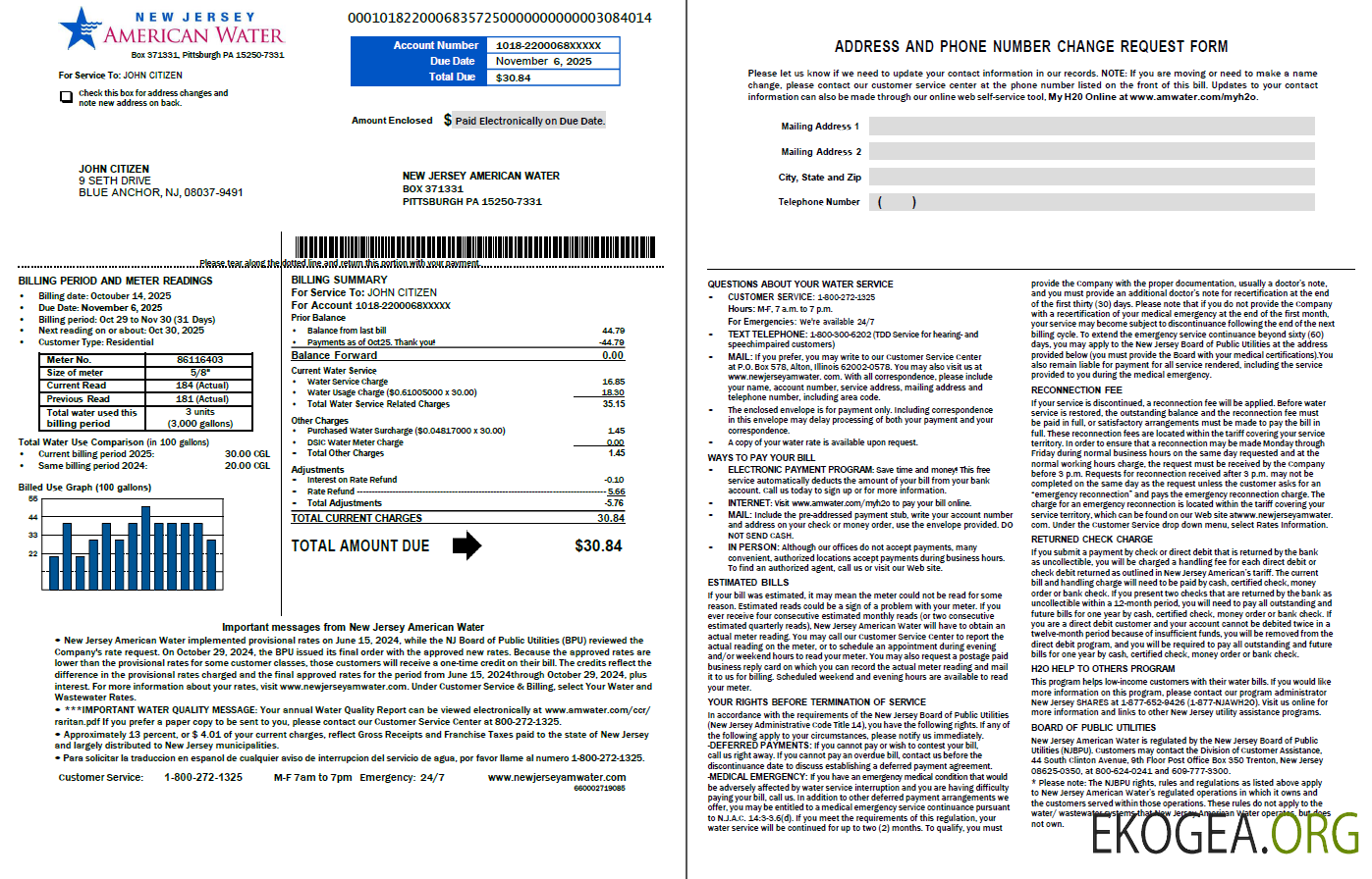 USA American Water utility bill template in Word and PDF formats, 2 pages, version 2